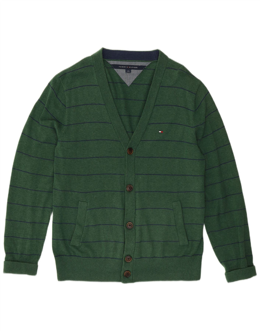 Tommy Hilfiger Mens Cardigan Sweater Medium Green Striped Cotton