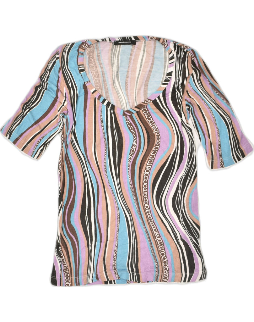 ROCCOBAROCCO Womens T-Shirt Top IT 42 Medium Multicoloured Striped Viscose | Vintage Roccobarocco | Thrift | Second-Hand Roccobarocco | Used Clothing | Messina Hembry 