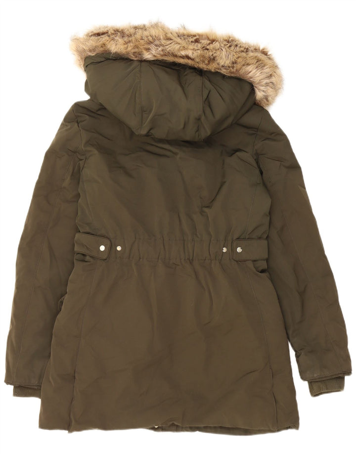 ZARA Womens Hooded Sherpa Parka Jacket UK 14 Medium Khaki Polyester