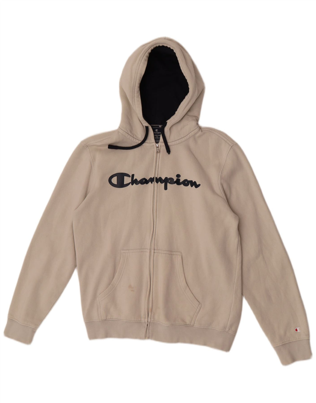 Champion Mens Graphic Zip Hoodie Sweater Medium Off White Cotton