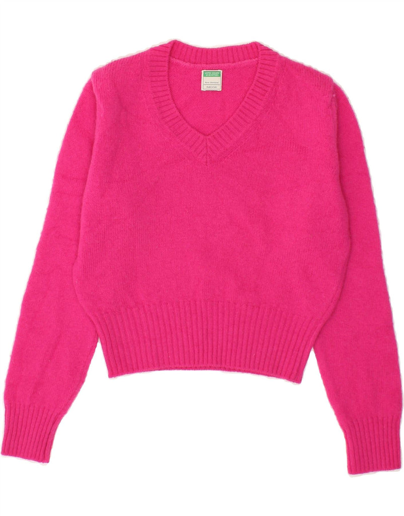 BENETTON Womens Crop V-Neck Jumper Sweater UK 10 Small Pink Virgin Wool Vintage Benetton and Second-Hand Benetton from Messina Hembry 