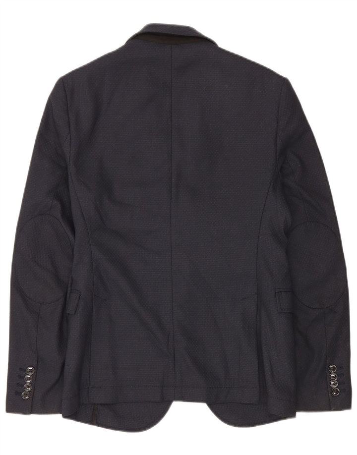 Zara Mens 2 Button Blazer Jacket EU 46 Small Navy Blue Geometric Polyester