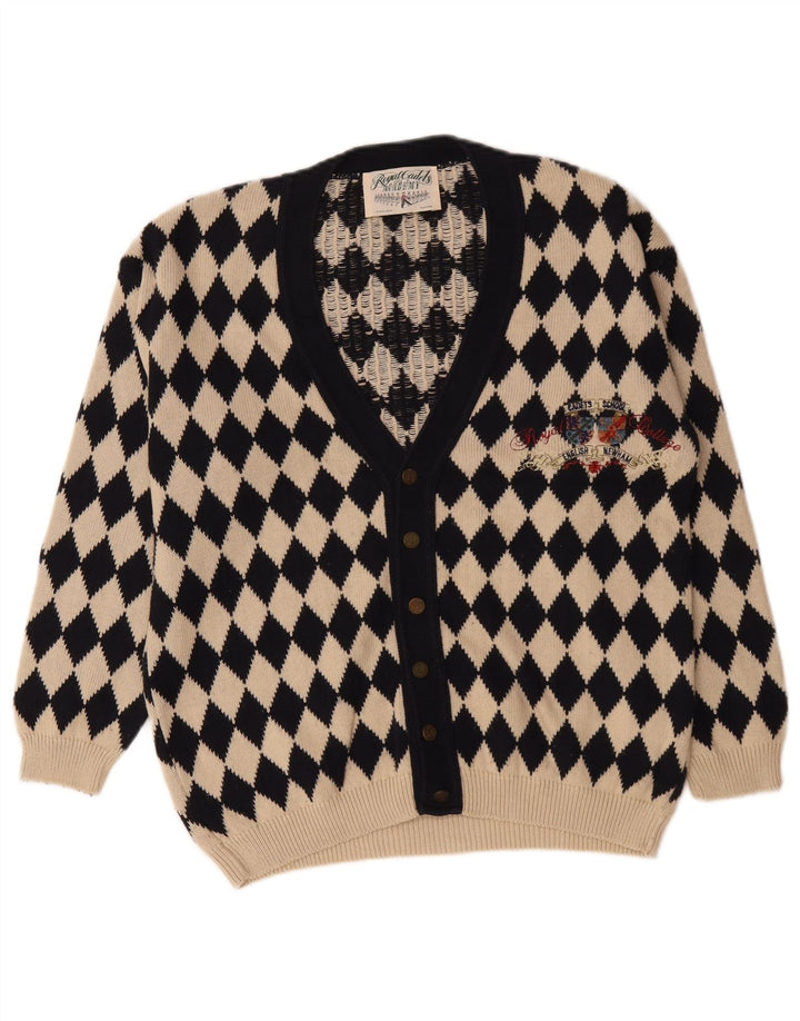 Vintage Mens Graphic Cardigan Sweater Medium Beige Argyle/Diamond Cotton