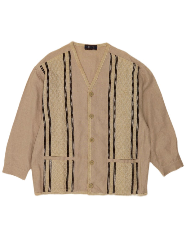 Umberto Vallati Mens Cardigan Sweater Large Beige Striped Cotton