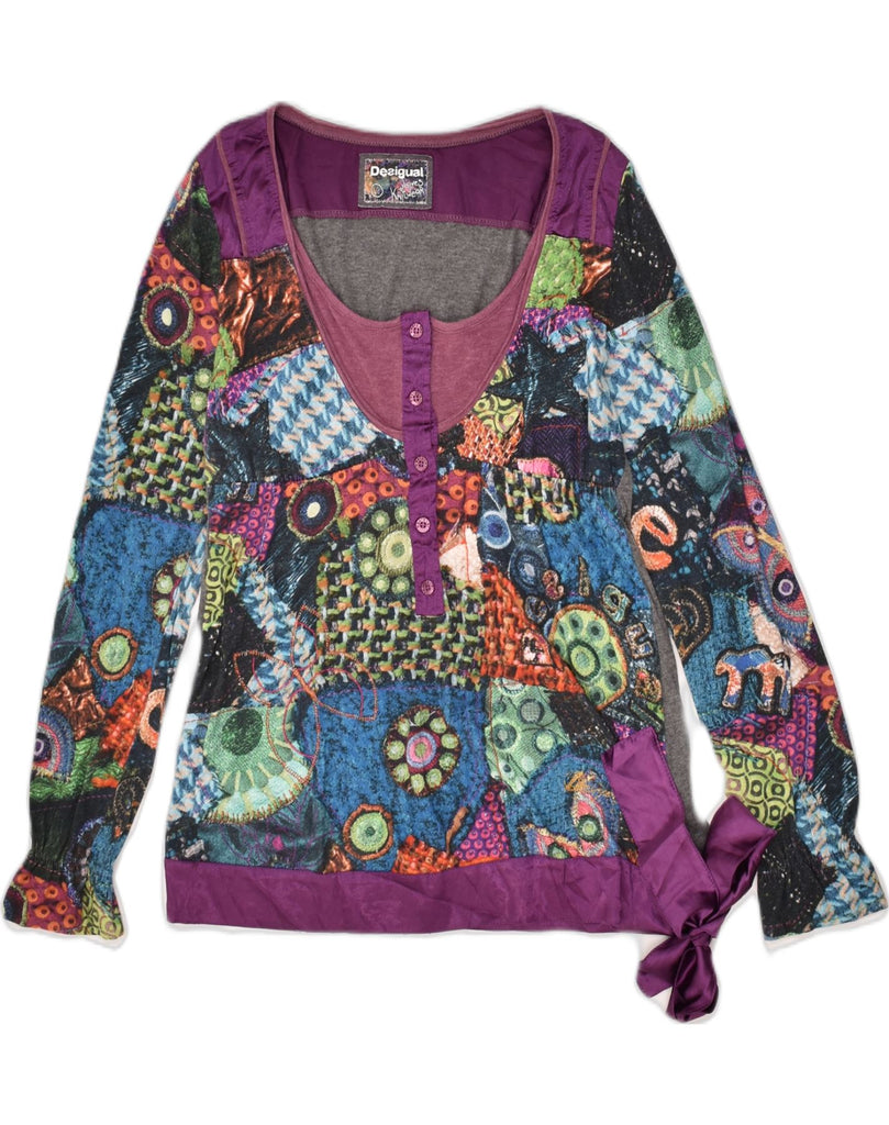 DESIGUAL Womens Slim Top Long Sleeve UK 14 Large Multicoloured Floral | Vintage Desigual | Thrift | Second-Hand Desigual | Used Clothing | Messina Hembry 