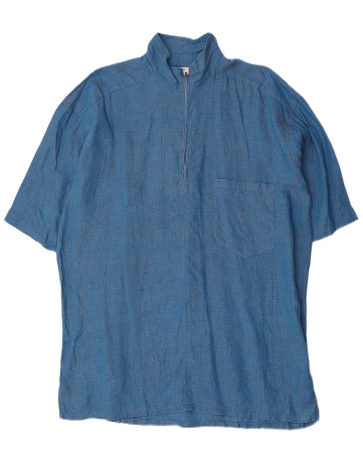 Valentino Mens Short Sleeve Pullover Shirt Size 43 17 XL Blue Linen