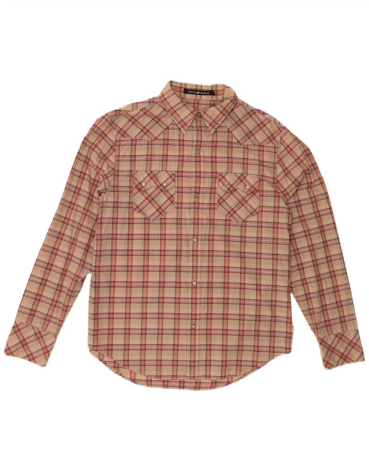 DKNY Mens Shirt Medium Beige Check Cotton