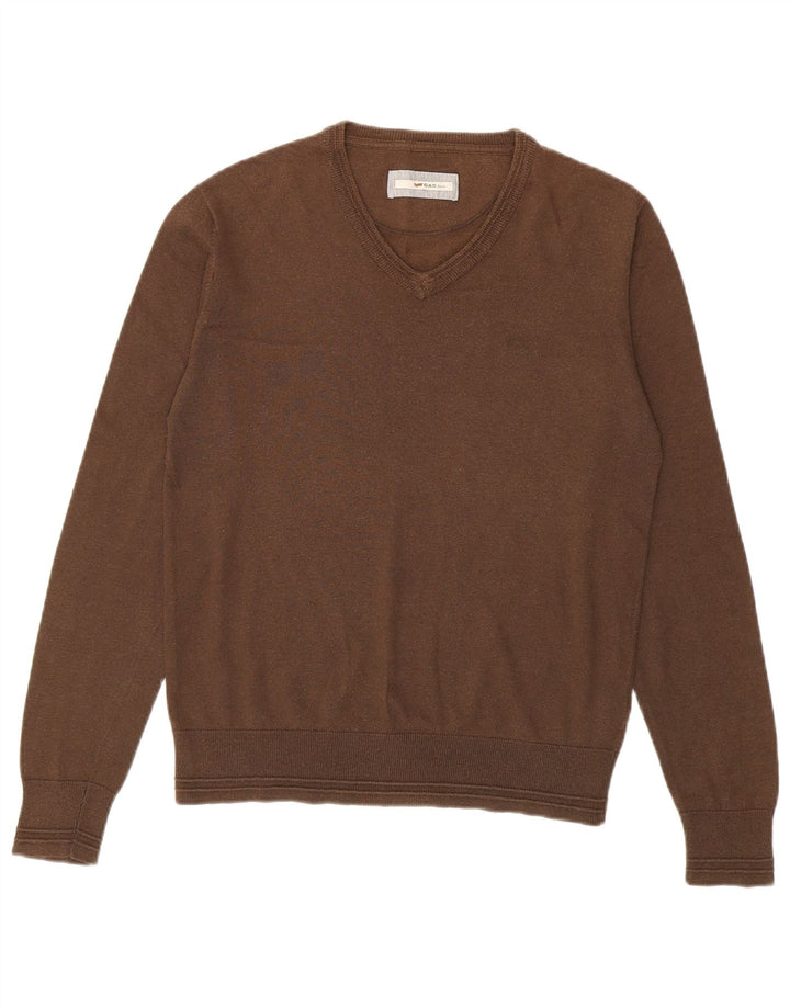 Gas Mens V-Neck Jumper Sweater Medium Brown Cotton