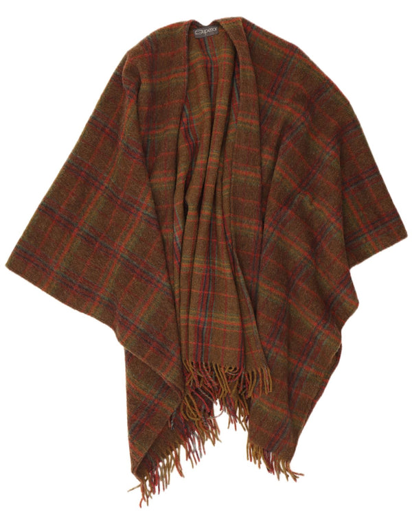 Superior Womens Open Poncho Jumper UK 16 Large Brown Plaid Wool