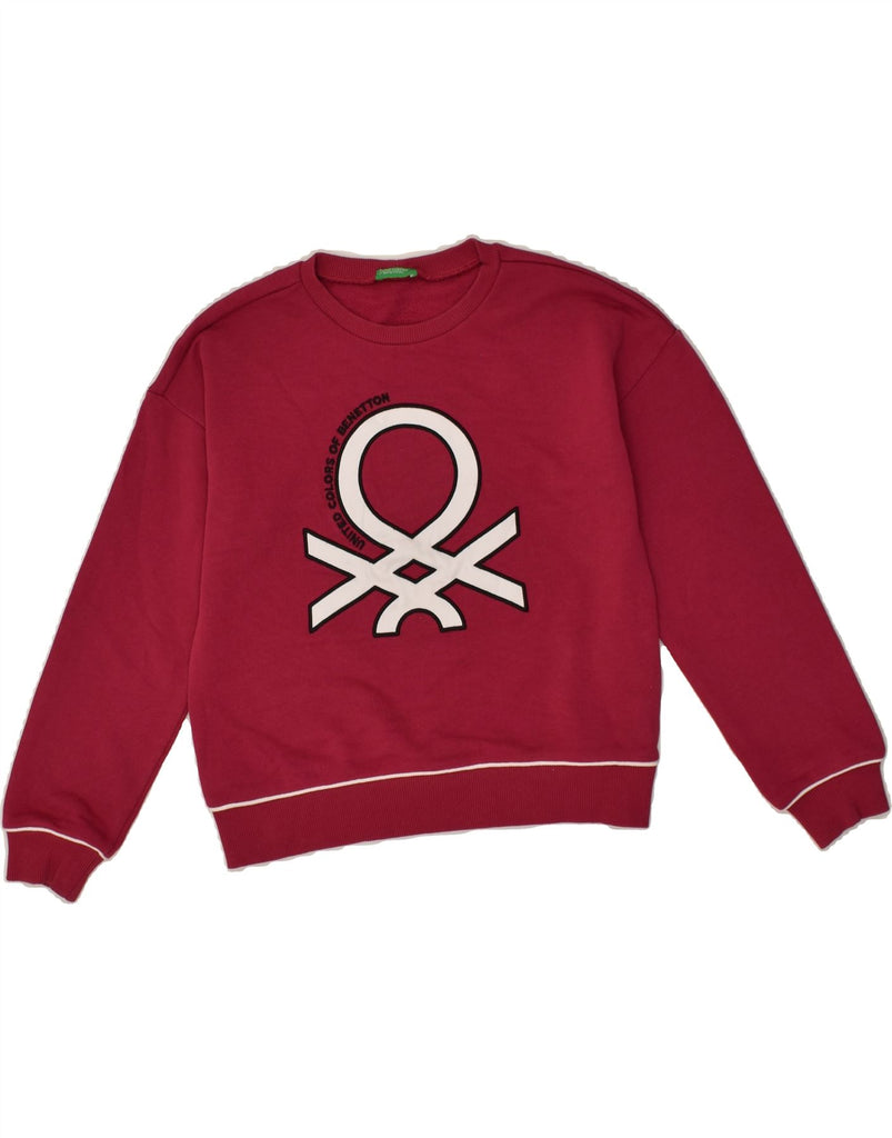 BENETTON Girls Graphic Sweatshirt Jumper 8-9 Years Large Burgundy Cotton | Vintage Benetton | Thrift | Second-Hand Benetton | Used Clothing | Messina Hembry 