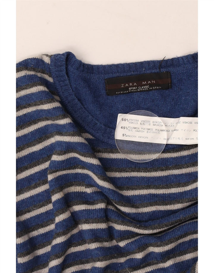 Zara Mens Crew Neck Jumper Sweater Medium Blue Striped Viscose