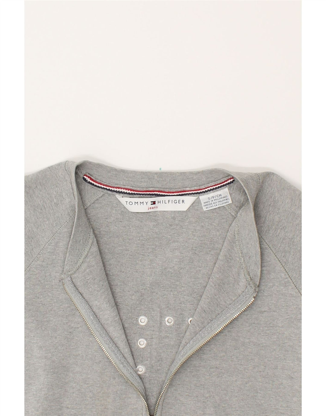 TOMMY HILFIGER Womens Jeans Graphic Tracksuit Top Jacket UK 10 Small Grey Vintage Tommy Hilfiger and Second-Hand Tommy Hilfiger from Messina Hembry 