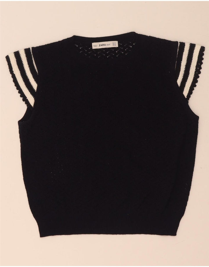 Zara Womens Crop Knit Blouse Top UK 12 Medium Navy Blue Striped