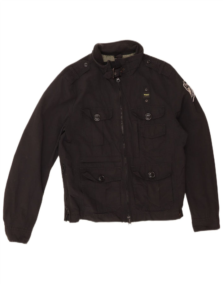 BLAUER Womens Graphic Military Jacket UK 14 Medium Black Cotton