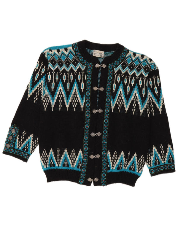 Vintage Womens Cardigan Sweater UK 14 Medium Black Fair Isle Wool