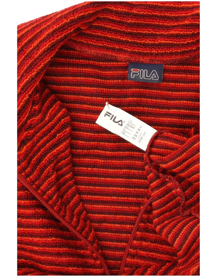 FILA Womens Zip Neck Jumper Sweater UK 14 Medium Red Striped Wool