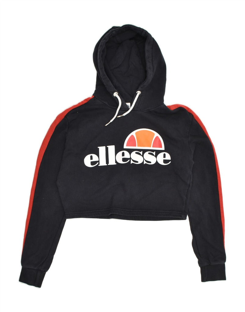 ELLESSE Womens Crop Graphic Hoodie Jumper UK 8 Small Black Cotton | Vintage Ellesse | Thrift | Second-Hand Ellesse | Used Clothing | Messina Hembry 