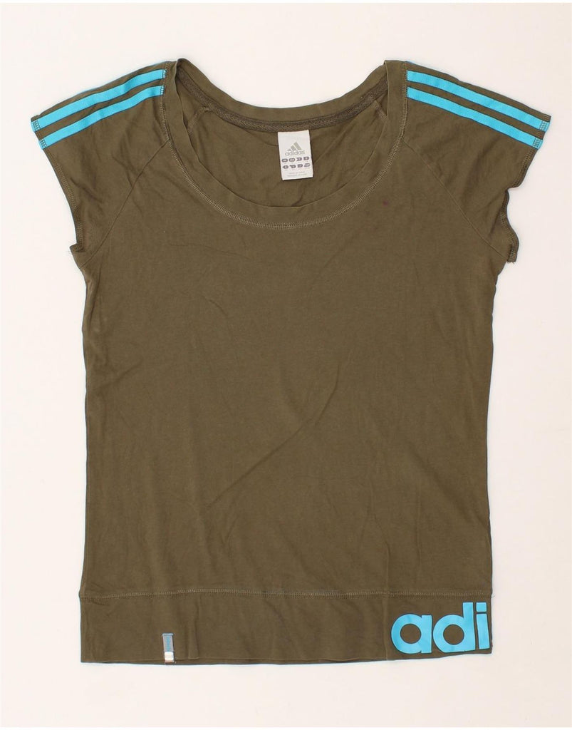 ADIDAS Womens Graphic T-Shirt Top UK 14 Medium Khaki Cotton | Vintage Adidas | Thrift | Second-Hand Adidas | Used Clothing | Messina Hembry 