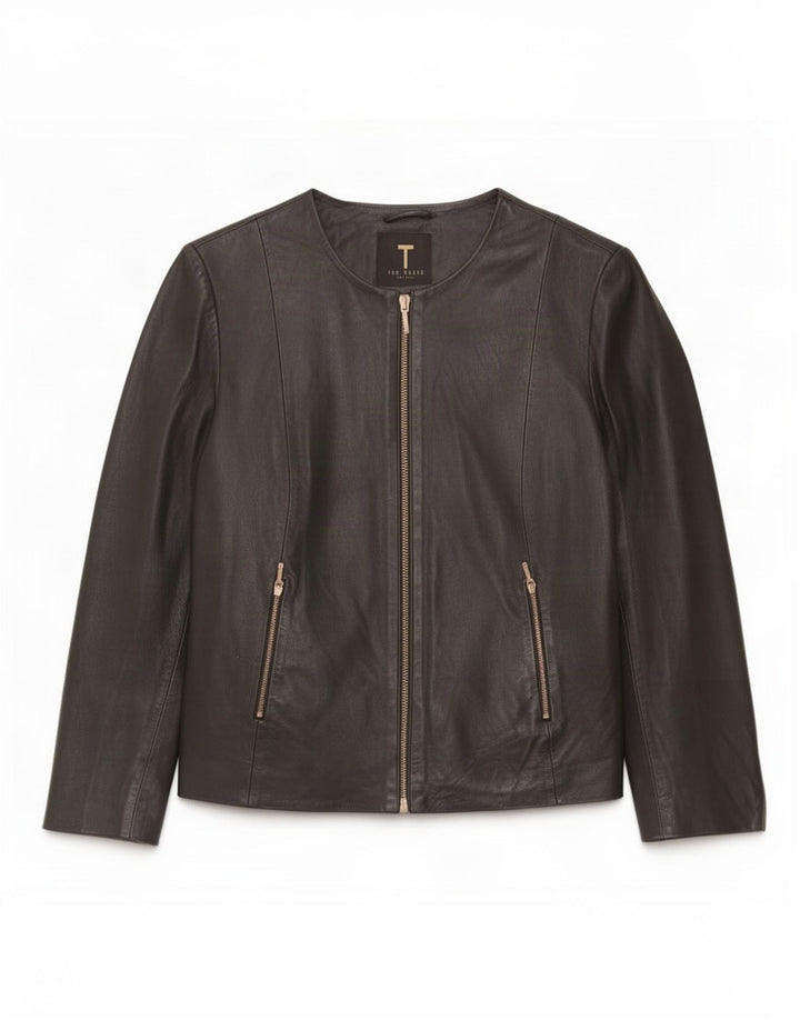 Ted Baker Womens Crop 3/4 Sleeve Leather Jacket Size 3 Medium Black