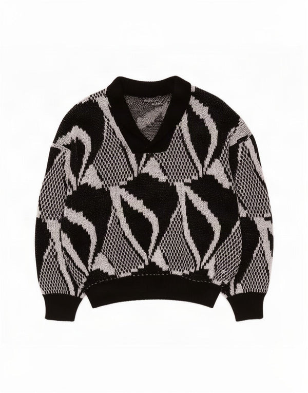Vintage Womens V-Neck Jumper Sweater UK 20 2XL Black Geometric