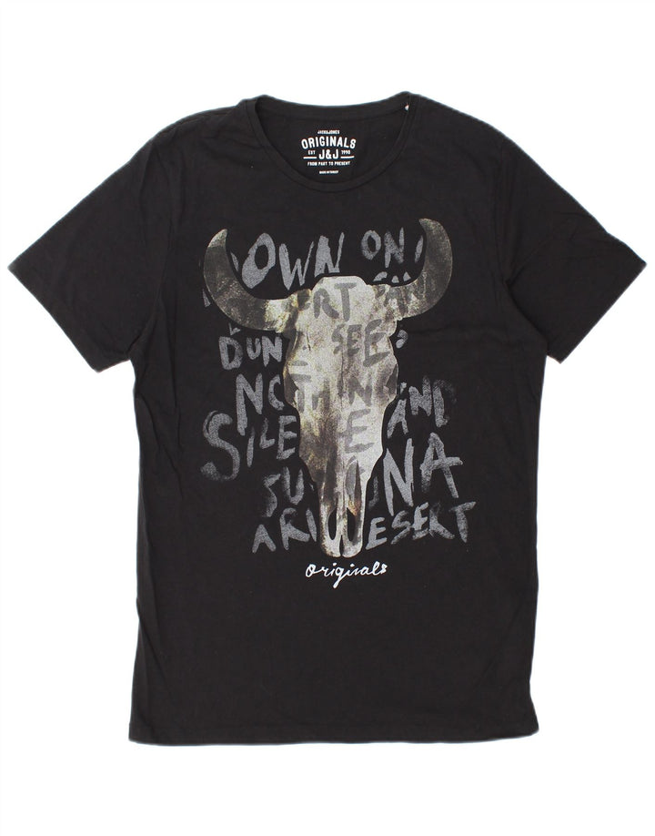 JACK & JONES Mens Graphic T-Shirt Top Large Black Cotton
