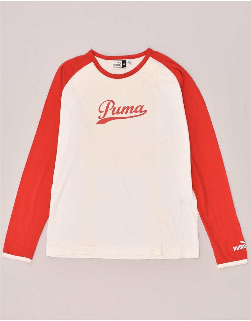 PUMA Mens Graphic Top Long Sleeve Medium White Colourblock Cotton | Vintage Puma | Thrift | Second-Hand Puma | Used Clothing | Messina Hembry 