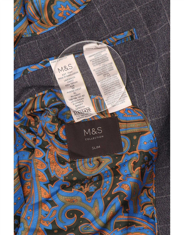 Marks & Spencer Mens Short 2 Button Blazer Jacket UK 42 XL Navy Blue Check