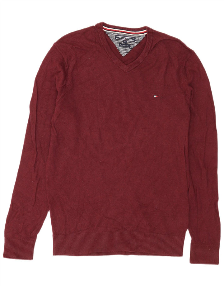Tommy Hilfiger Mens V-Neck Jumper Sweater Medium Burgundy Cotton