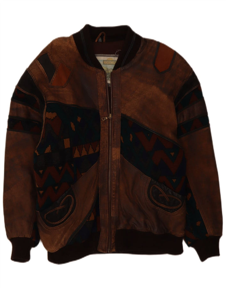Vintage Mens Leather Jacket IT 50 Large Brown Geometric Leather