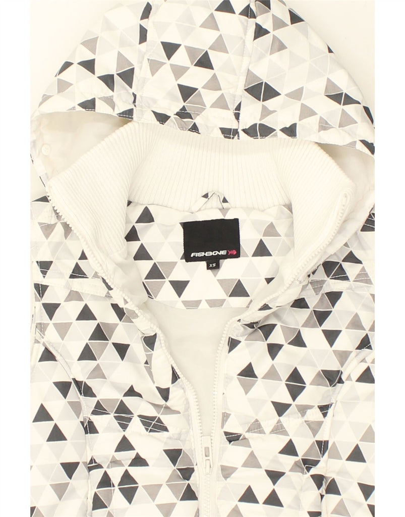 FISHBONE Womens Hooded Gilet UK 6 XS White Geometric Polyester | Vintage Fishbone | Thrift | Second-Hand Fishbone | Used Clothing | Messina Hembry 