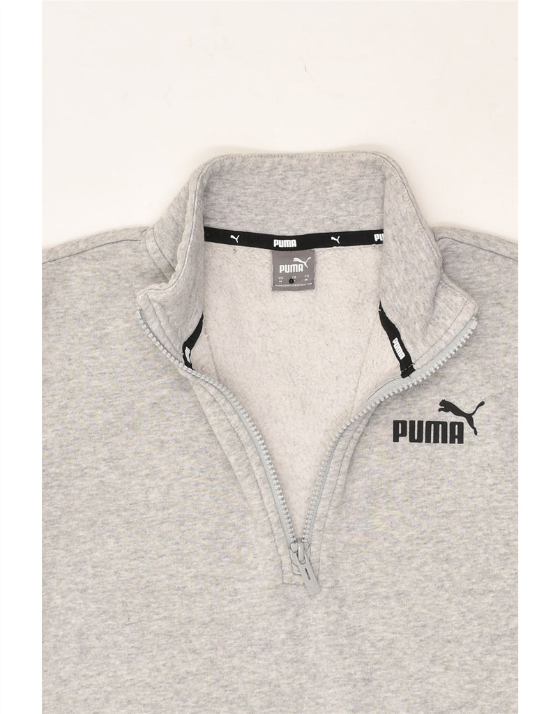 PUMA Womens Graphic Zip Neck Sweatshirt Jumper UK 14 Medium Grey Cotton | Vintage Puma | Thrift | Second-Hand Puma | Used Clothing | Messina Hembry 