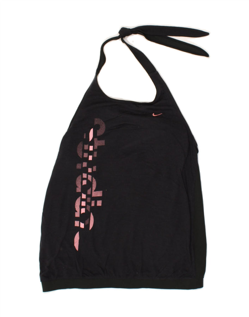 NIKE Womens Dri Fit Crop Graphic Halter Top UK 12 Medium Black | Vintage Nike | Thrift | Second-Hand Nike | Used Clothing | Messina Hembry 