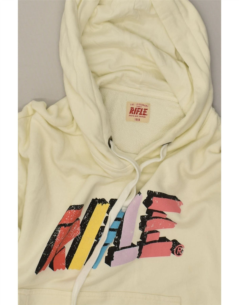 RIFLE Womens Graphic Hoodie Jumper UK 10 Small Off White Cotton | Vintage Rifle | Thrift | Second-Hand Rifle | Used Clothing | Messina Hembry 