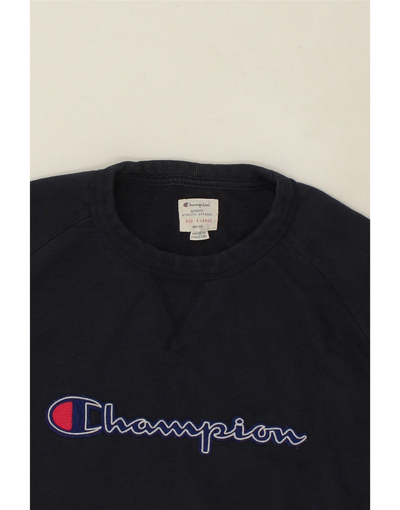 CHAMPION Mens Graphic Sweatshirt Jumper XL Navy Blue Cotton | Vintage Champion | Thrift | Second-Hand Champion | Used Clothing | Messina Hembry 