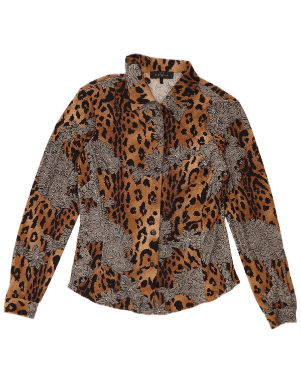 Vintage Womens Loose Fit Shirt Blouse UK 10 Small Brown Animal Print