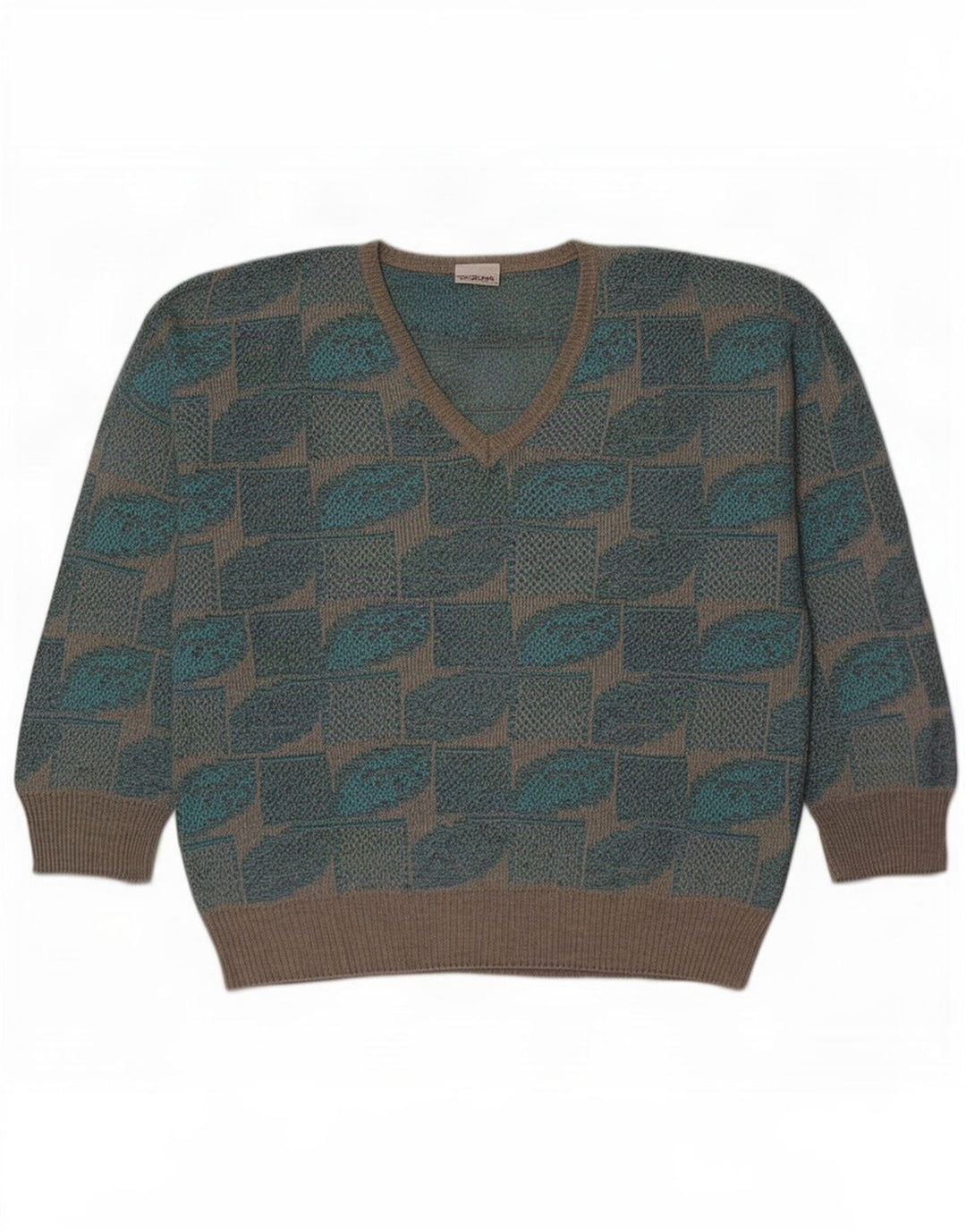 Fiume Mens V-Neck Jumper Sweater IT 50 Medium Blue Geometric
