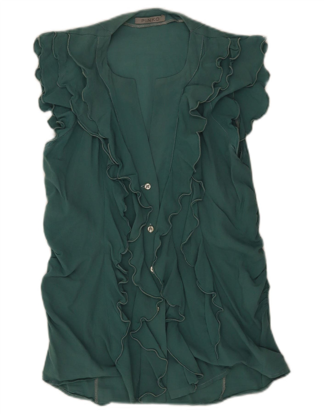 Pinko Womens Short Sleeve Ruffle Front Shirt Blouse UK 12 Medium Green