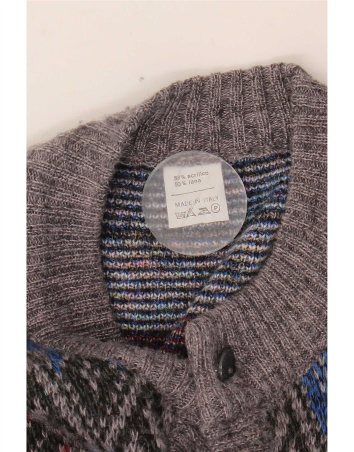 Vintage Mens Cardigan Sweater Medium Grey Argyle/Diamond Acrylic