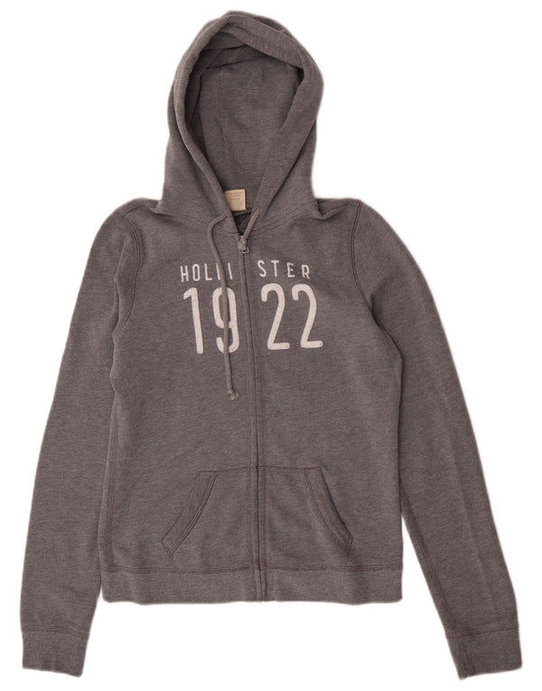Hollister Womens Graphic Zip Hoodie Sweater UK 12 Medium Grey Cotton