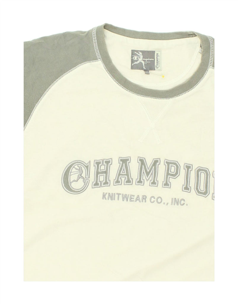 CHAMPION Mens Graphic T-Shirt Top 2XL Beige Colourblock Cotton | Vintage Champion | Thrift | Second-Hand Champion | Used Clothing | Messina Hembry 