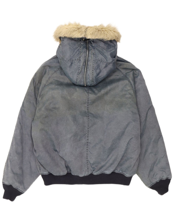 Vintage Mens Hooded Bomber Jacket UK 42 XL Navy Blue Polyamide