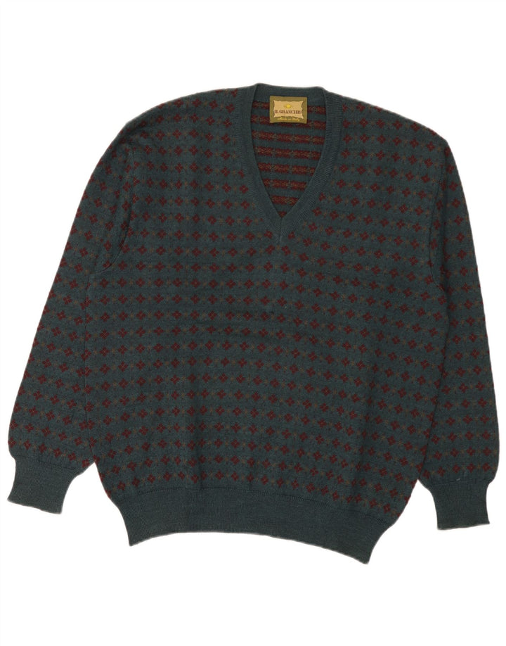 Il Granchio Mens V-Neck Jumper Sweater Medium Green Fair Isle Wool
