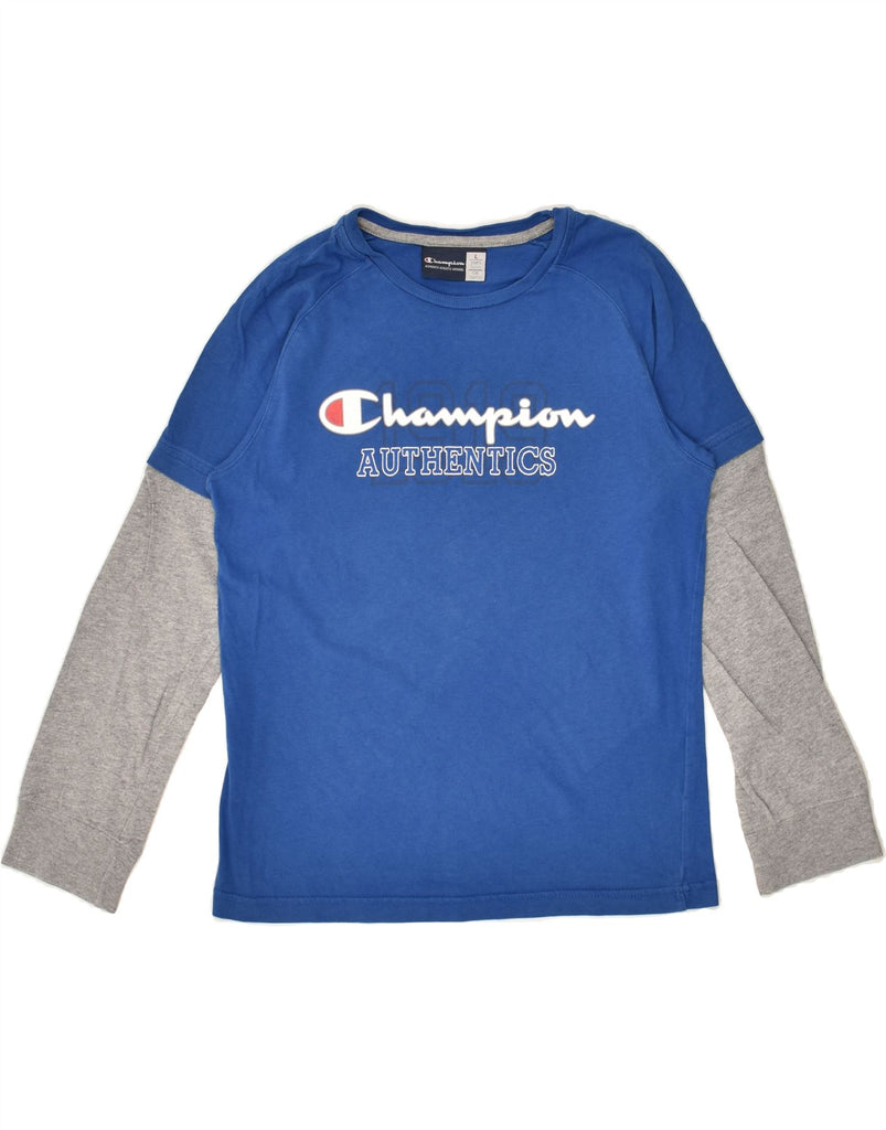 CHAMPION Boys Graphic Top Long Sleeve 11-12 Years Large Blue Colourblock | Vintage Champion | Thrift | Second-Hand Champion | Used Clothing | Messina Hembry 