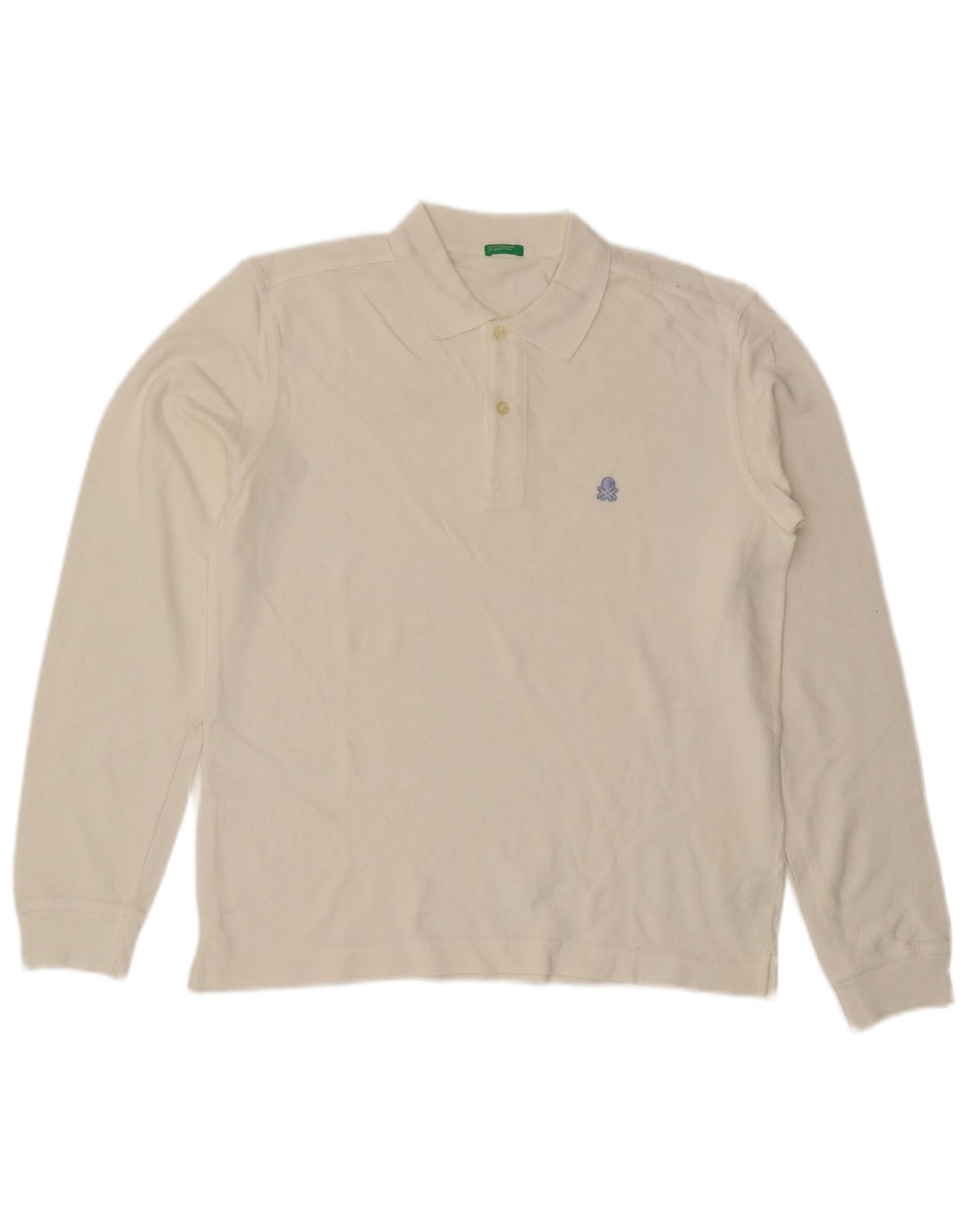 Benetton Mens Long Sleeve Polo Shirt Medium White Cotton