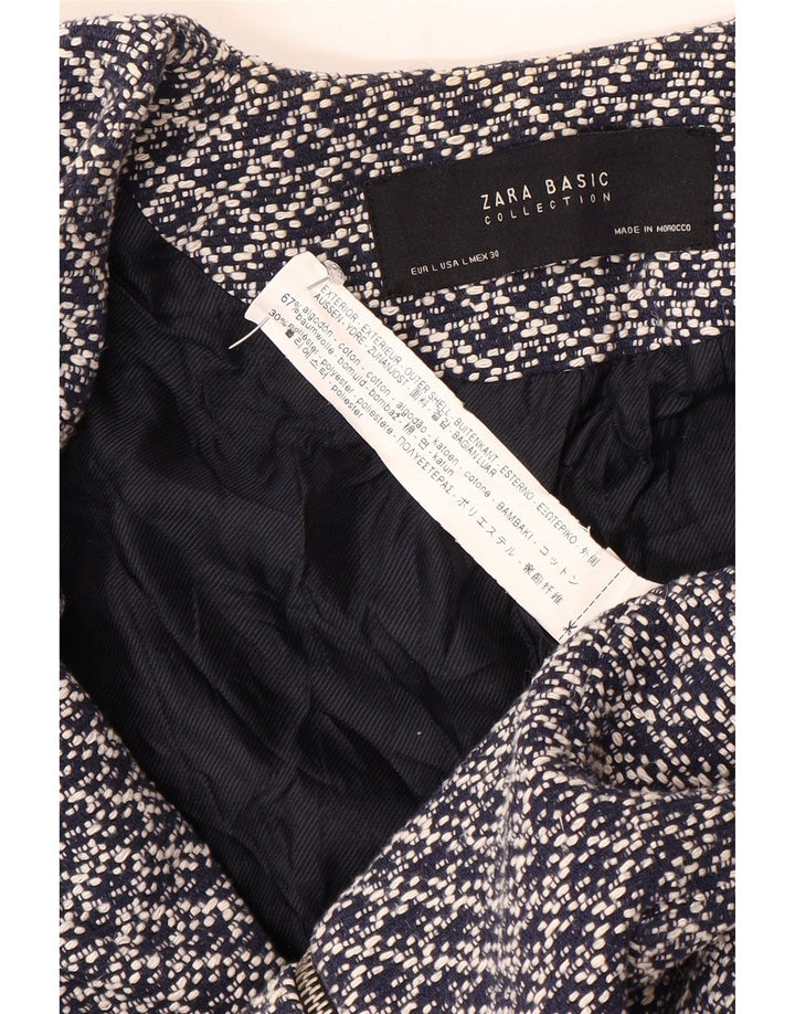 Zara Womens Abstract Pattern Blazer Jacket UK 14 Large Navy Blue Cotton