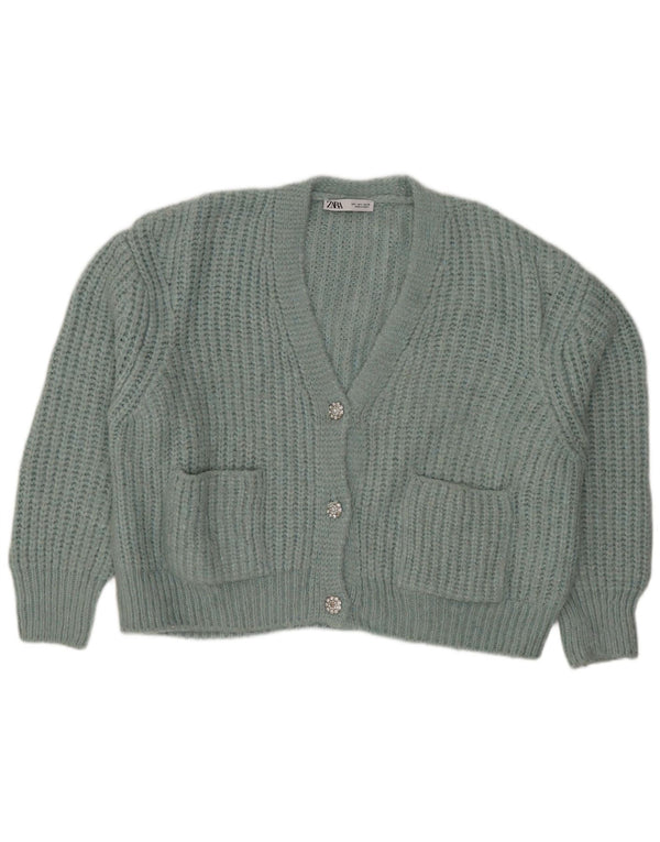 Zara Womens Crop Oversized Cardigan Sweater UK 16 Large Green Acrylic