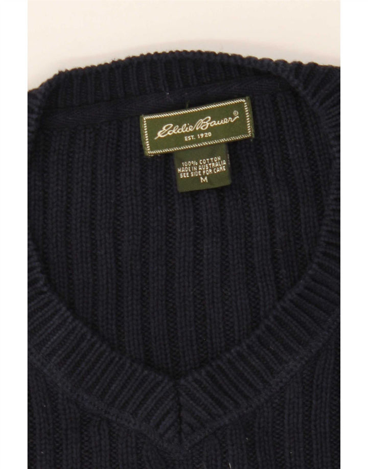 Eddie Bauer Mens Loose Fit V-Neck Jumper Sweater Medium Navy Blue Cotton