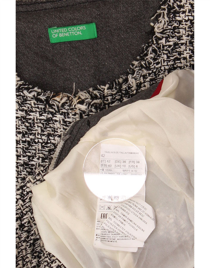 BENETTON Womens Crop Open Blazer Jacket UK 10 Small Grey Houndstooth