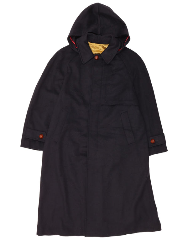 Vintage Mens Hooded Overcoat IT 48 Medium Navy Blue Wool