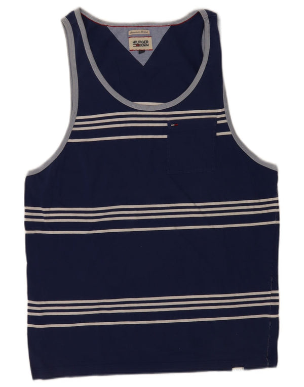 Tommy Hilfiger Mens Vest Top Medium Navy Blue Striped Cotton